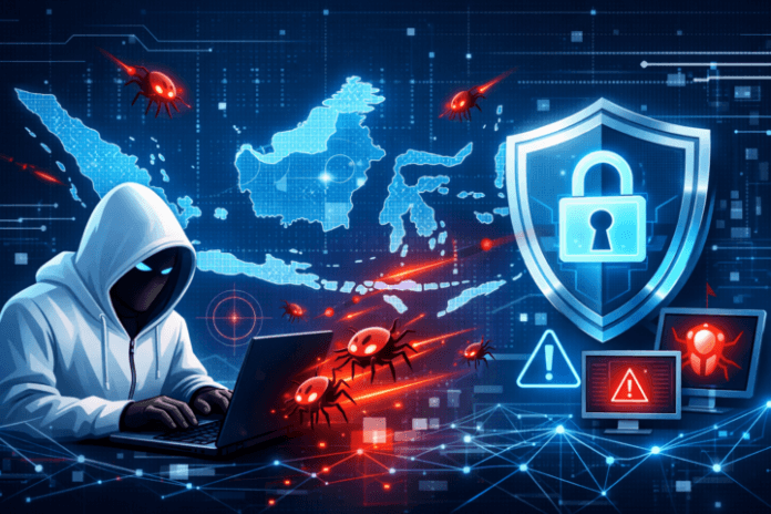 Ilustrasi malware dan keamanan siber di Indonesia dengan peta digital latar belakang