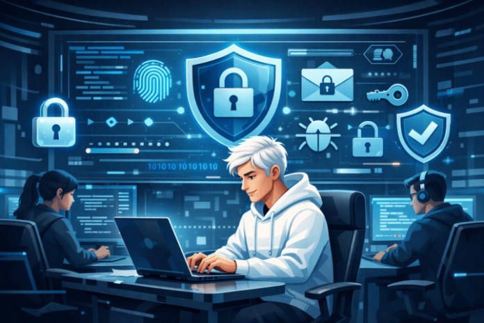 Ilustrasi pengembang perangkat lunak menerapkan praktik secure coding untuk menghindari kerentanan keamanan