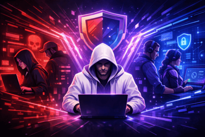 Ilustrasi Purple Team menggabungkan Red Team dan Blue Team untuk keamanan siber
