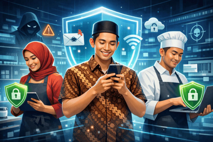 Ilustrasi pelaku UMKM Indonesia menggunakan perangkat digital dengan ikon perlindungan siber.