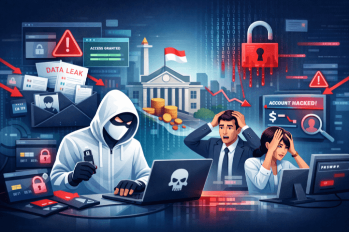 Ilustrasi dampak kebocoran data pada lembaga keuangan di Indonesia dengan simbol keamanan siber dan data bocor