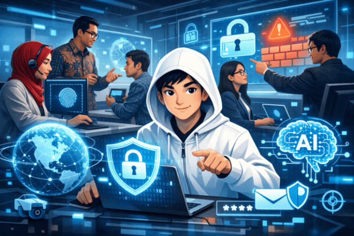 Karyawan perusahaan Indonesia berdiskusi tentang strategi keamanan siber dengan ilustrasi teknologi digital dan keamanan